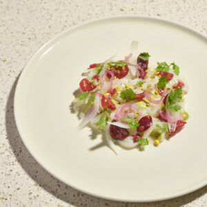 Julienne di seppia, ciliegia, pistacchio, cipolla e avocado